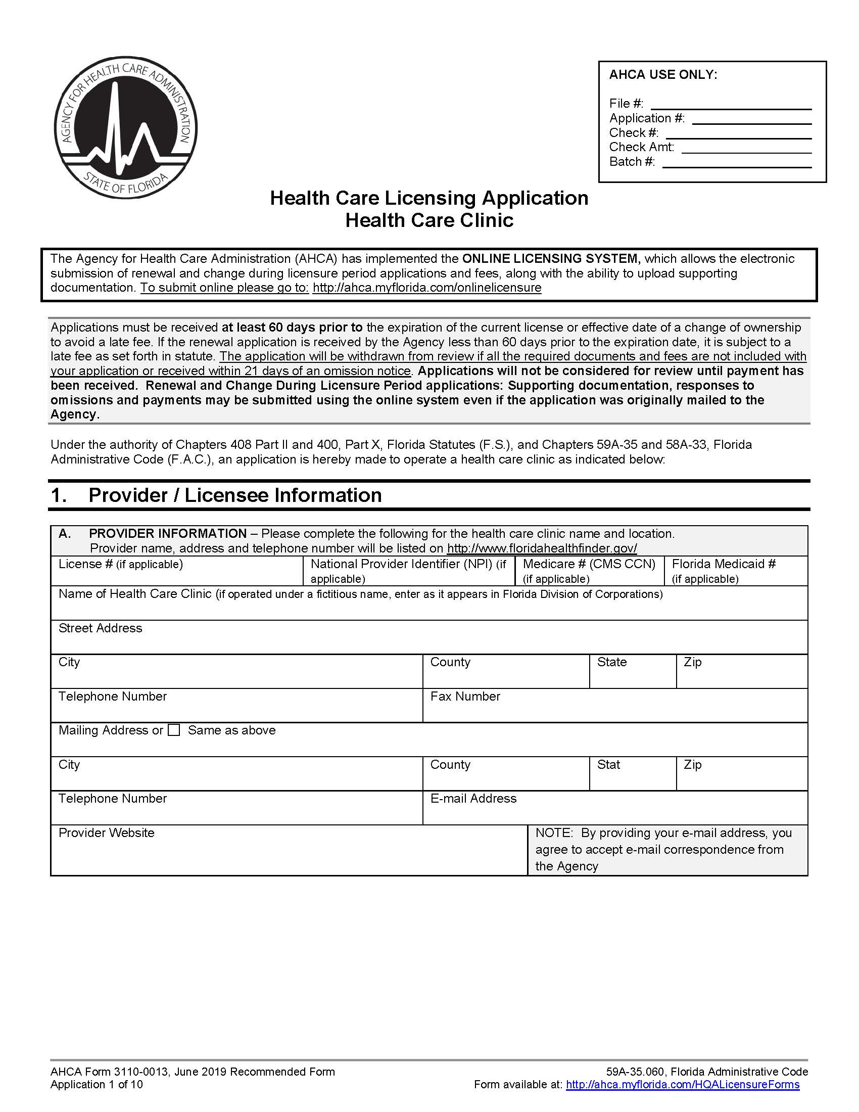 Health Care Licensure Application Health Care Clinic
