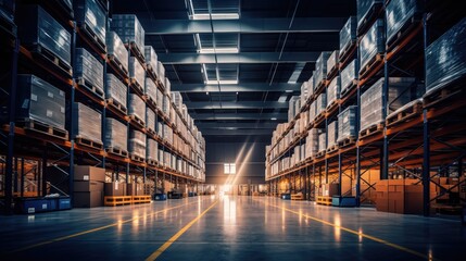 A large warehouse with numerous items. Rows of shelves with boxes. Logistics. Inventory control, order fulfillment or space optimization. Illustration for advertising, marketing or presentation.
